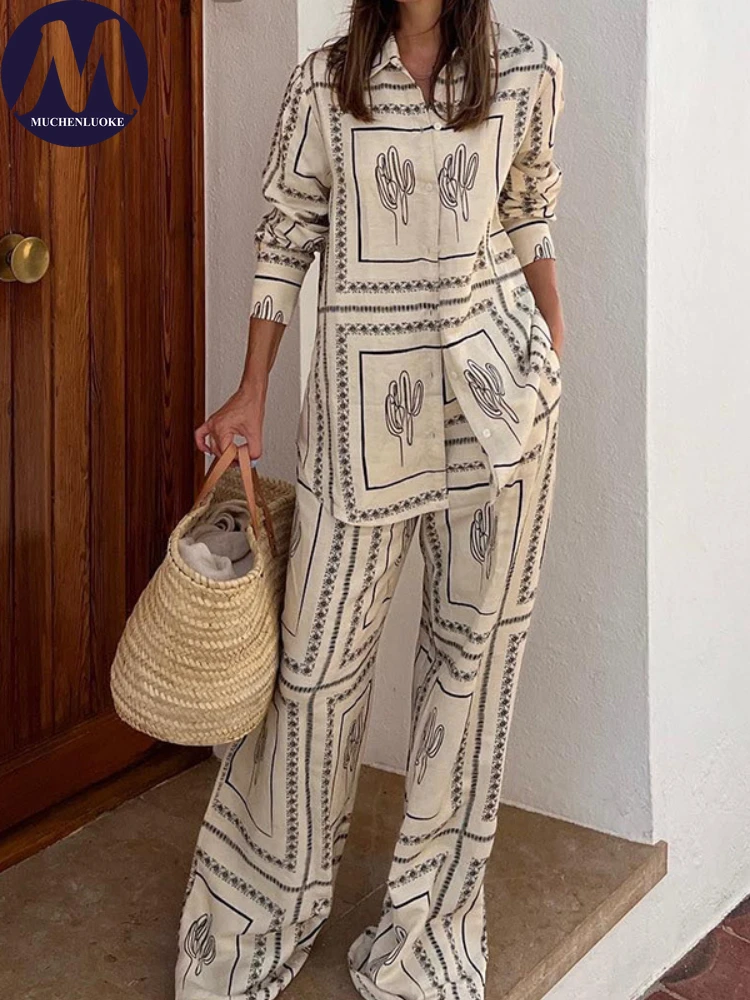 

Sets for Women 2 Pieces Summer New Casual Printing Long Sleeve Shirt Tops Suits Fashion Loose High Waisted Wide Leg Pant Set