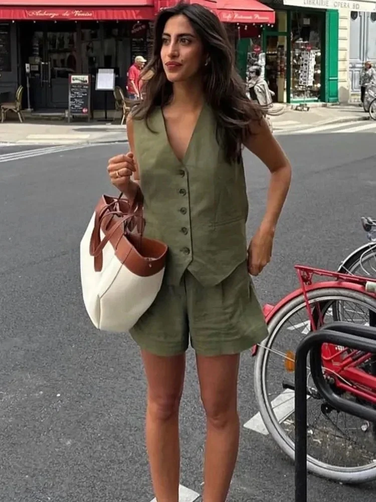 TRAFZA Women Pant Sets Vintage Solid Single Breasted V Neck Waistcoat Tops + Slim Zipper Fly Shorts Summer Office Lady Suit TRAF
