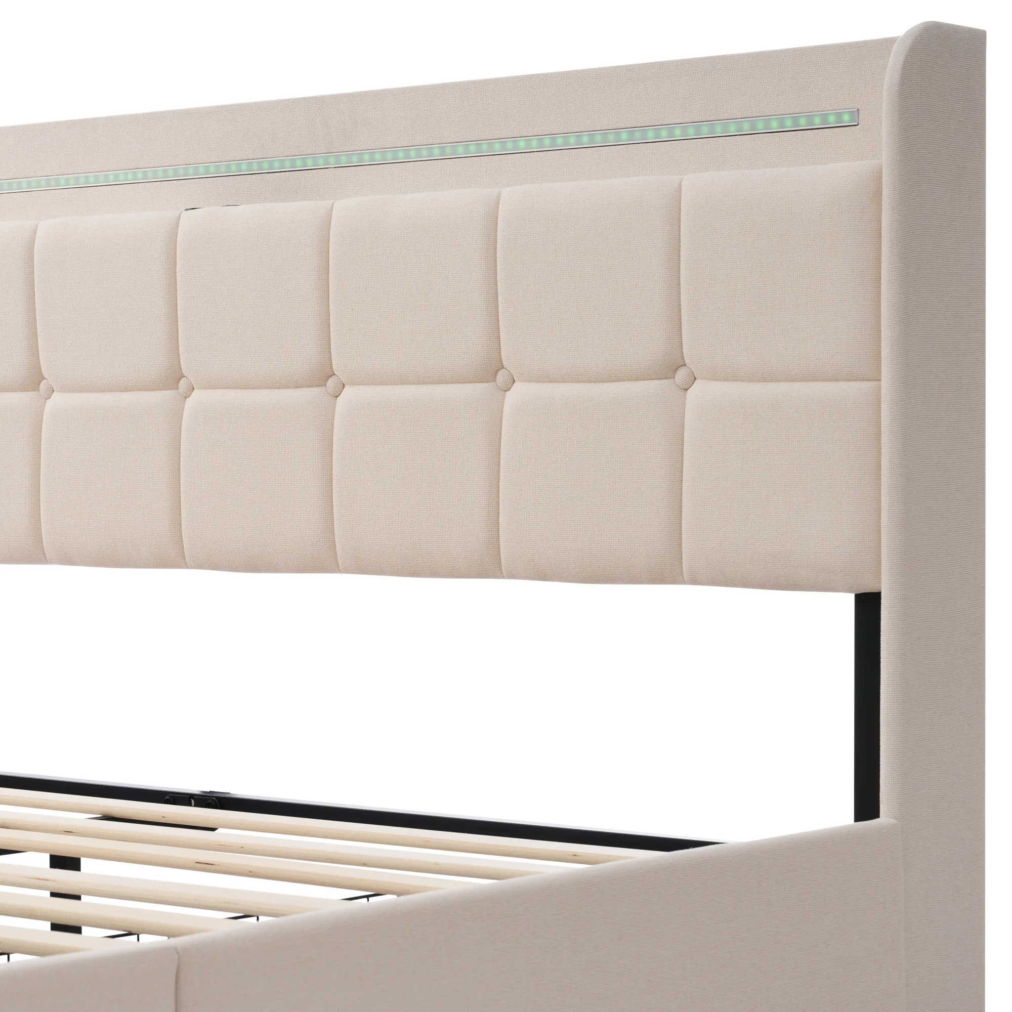 Gepolstertes Doppelbett 160x200cm mit USB-Ladefunktion, LED-Kopfteilbeleuchtung und 4 Aufbewahrungsschubladen. Beige, inklusive Matratze. – Detail 23