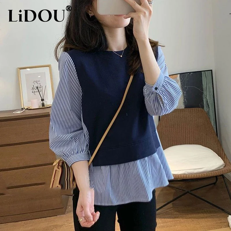 Autumn Winter Round Neck Striped Patchwork Loose Casual Sweatshirt Top Women 3/4 Sleeve Jumper All-match Pullover Female Clothes luckymarche le match porket anorak jumper qwuax23311nyx