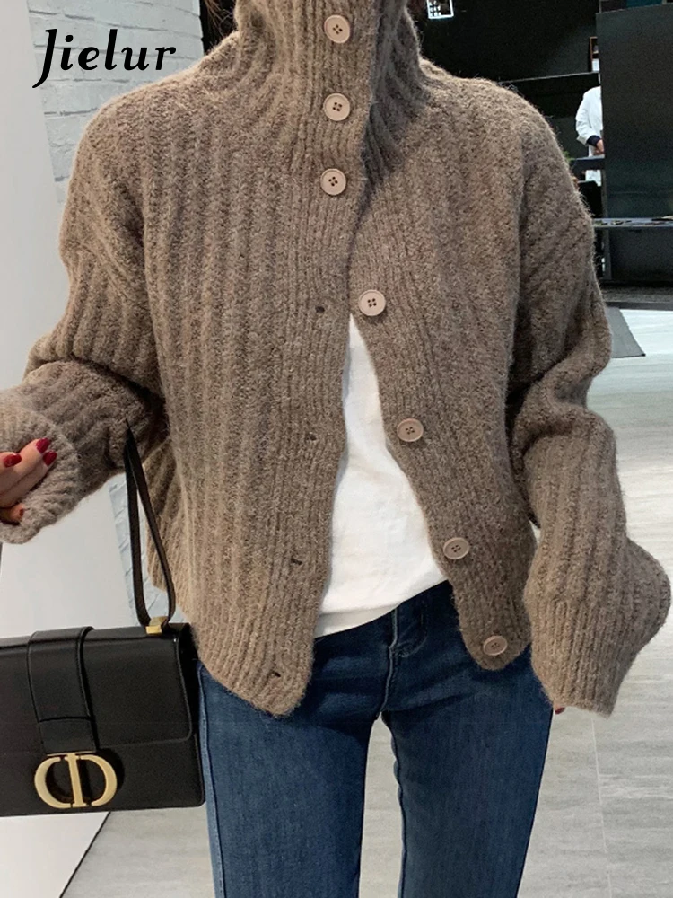 

Jielur Winter New Loose Simple Women Cardigan Casual Fashion Knitted Cardigan Woman White Grey Camel Black Street Chic Sweaters