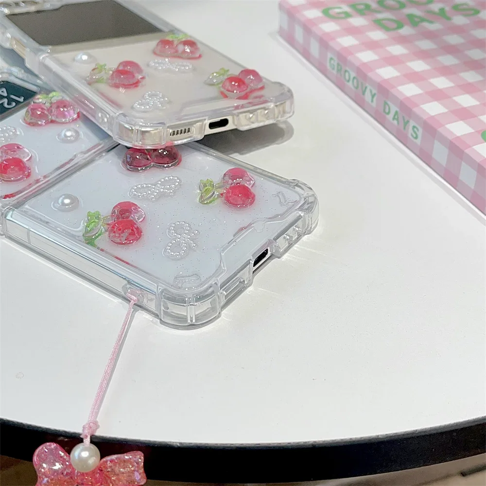 Charming 3D Cherry Wrist Strap Transparent Phone Case