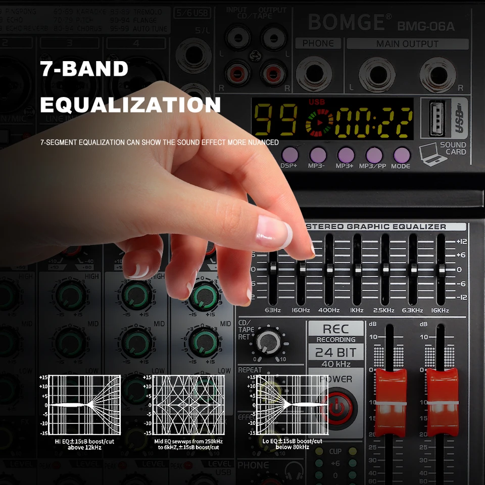 BOMGE 6 チャンネル 99DSP エフェクトオーディオミキサー 7 バンド EQ