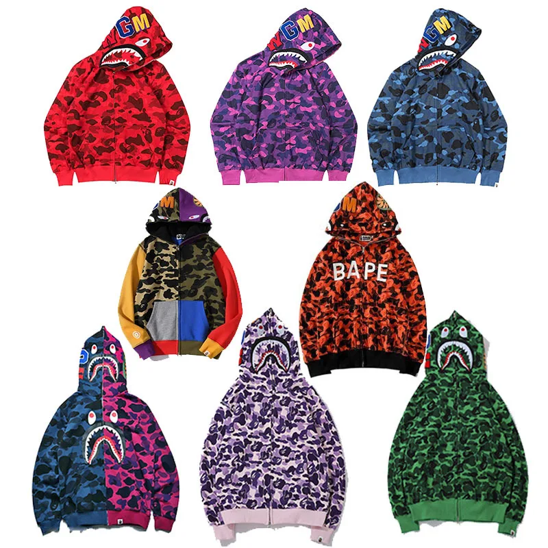 Free Shipping Spring Hoodies Winter Fashion Camouflage Couples Wear Hoody Casual Cardigan Hooded Bapes Shark Coat Streetwear Men |