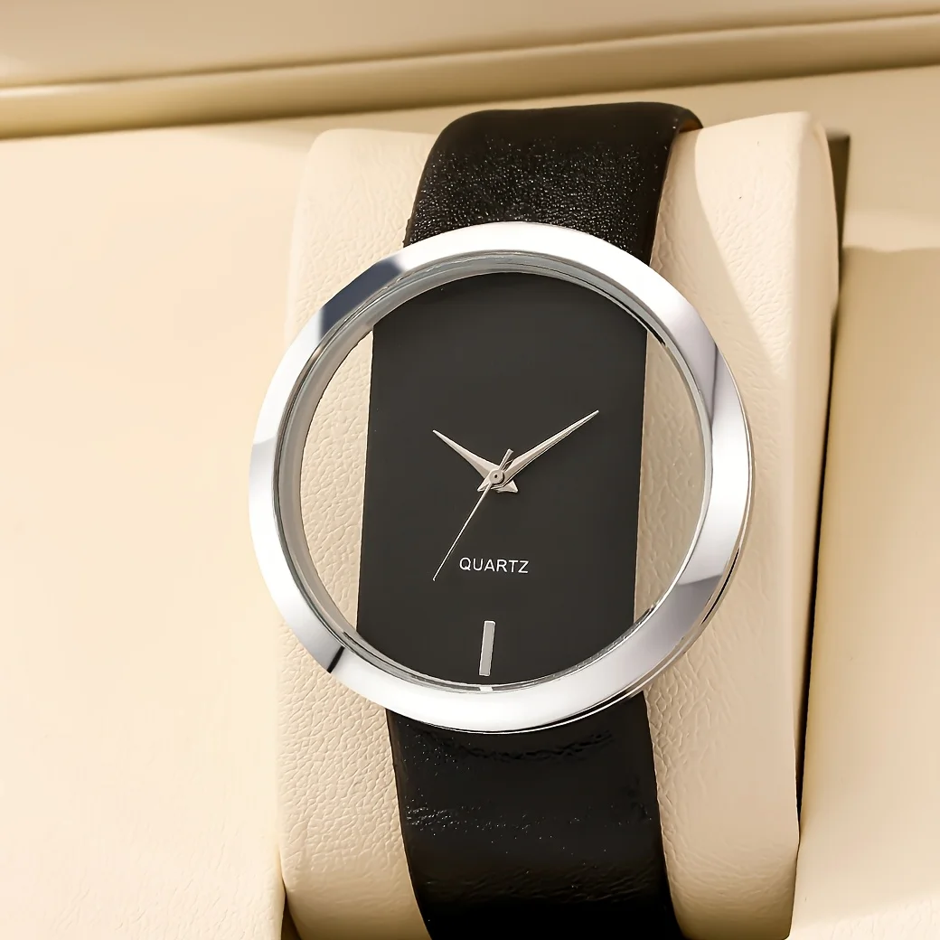 Minimalist Casual Watch Bracelet Set, Round Dial Design, Artificial Leather Strap, Best Christmas Gift Choice, Fashion Accessory