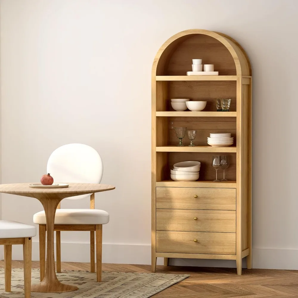 71" Tall Arched Cabinet, 4-Tier Arched Bookcase Storage Display Cabinet with 3 Drawers and Shelves, Modern Farmhouse Bookshelf 5