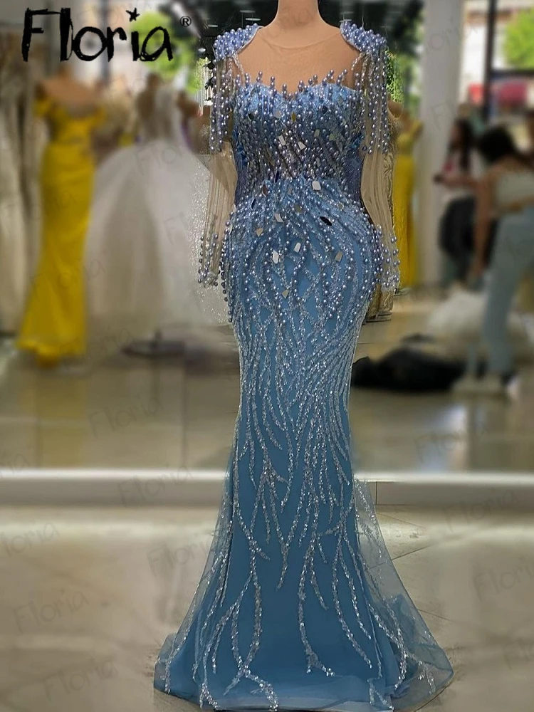 Couture Blue Embroidery Beading Evening Dress Long Sleeve