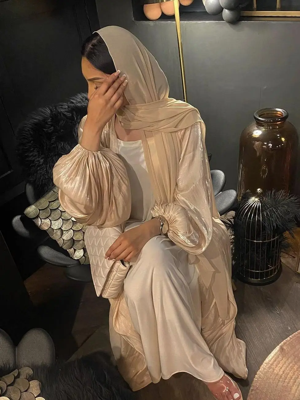 

Eid Djellaba Abaya Dubai Shiny Soft Cuff Sleeves Muslim Dress Silky Kimono Dubai Turkey Muslim Dress Islam Abayas With Belt