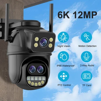 6K 12MP ICSEE Wifi Telecamera di sicurezza 3 lenti Doppio schermo Zoom 8X Telecamera di sorveglianza IP66 per visione notturna a colori impermeabile esterna