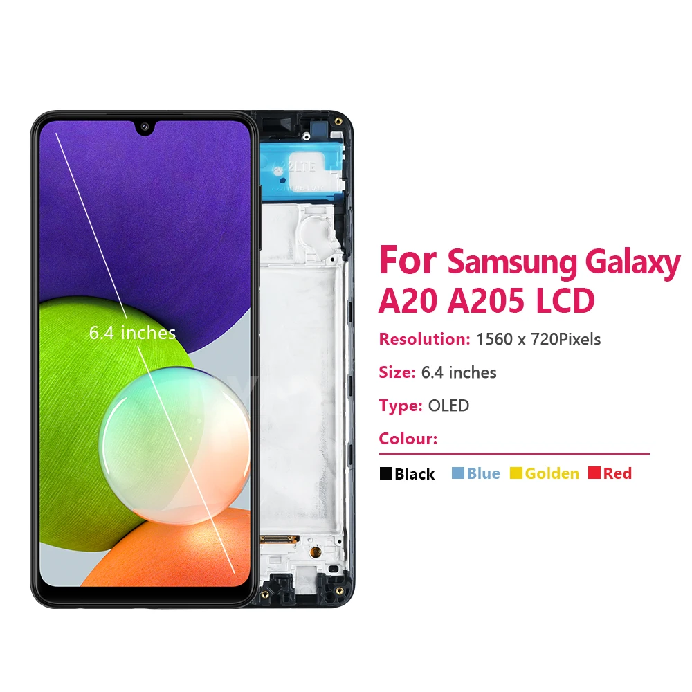 슈퍼 아몰레드 디스플레이, 삼성에 적합한 갤럭시 A20 LCD, 디지타이저 터치 스크린 어셈블리, A205F A205FN A205G A205GN 교체용, 6.4 인치