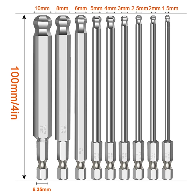 9pcs Ball End Hex Screwdriver Bits Set Metric Allen Hex Bit 100mm Long Magnetic Ball Head Driver Bit 9Pcs Metric MM