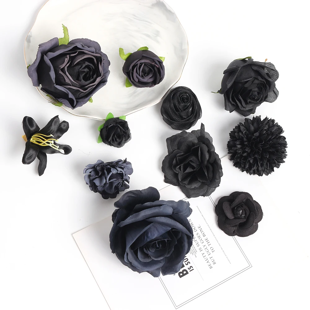 5 Stück schwarze künstliche Blumen für Heimdekoration, Hochzeit, Hochzeit, Dekoration, künstliche Blumen, Blumenstrauß, Basteln, Girlande, Sammelalbum-Zubehör – Detail 6