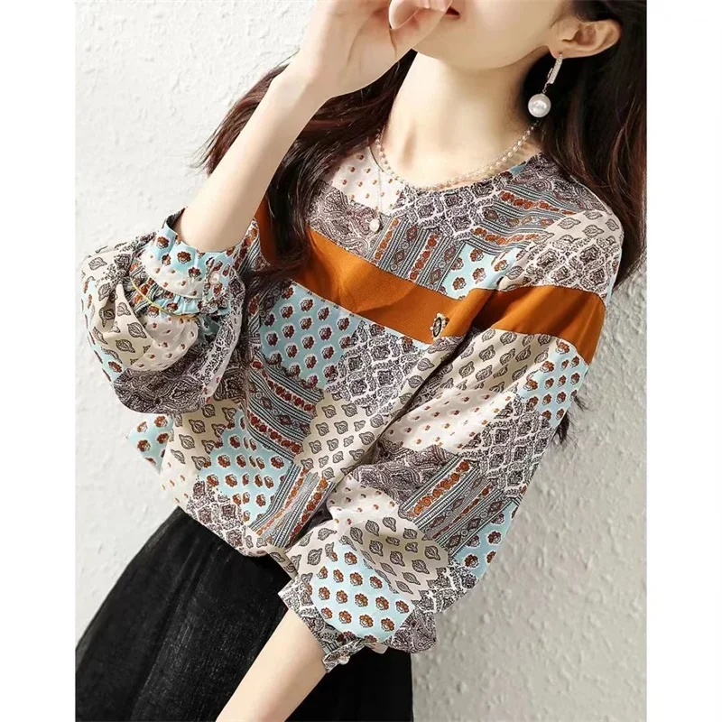 Vintage Printed Long Sleeve Loose Chiffon Blouse Summer Autumn Casual O-Neck Tops Oversized Elegant Women Clothing Commute Shirt