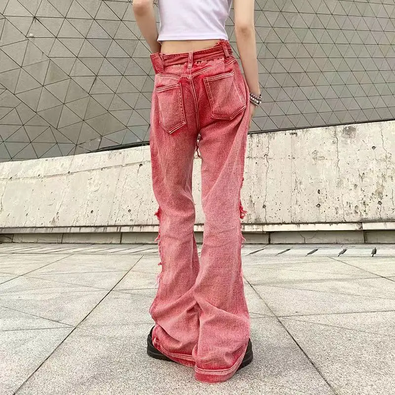 아메리칸 스타일 빈티지 워싱 원시 엣지 패션 하이 웨이스트 캐주얼 바지 와이드 레그 청바지 여성용 Y2k, 스트리트웨어 배기 핑크 팬츠