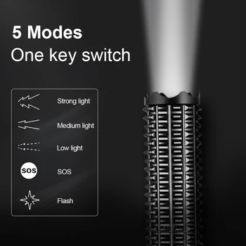5000LM Self-defense Flashlight Zoom Rechargeable Lamp 18650 Tactical Flashlight Waterproof Outdoor Self Defense Hunting Camping 5