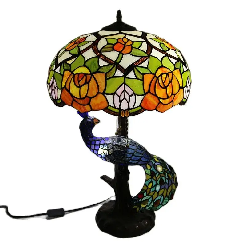 

Tiffany Peacock Table Lamp Foyer Parlor Hall Restaurant Large Art Roses Luxury Glass Desk Wedding Decor Light L62101