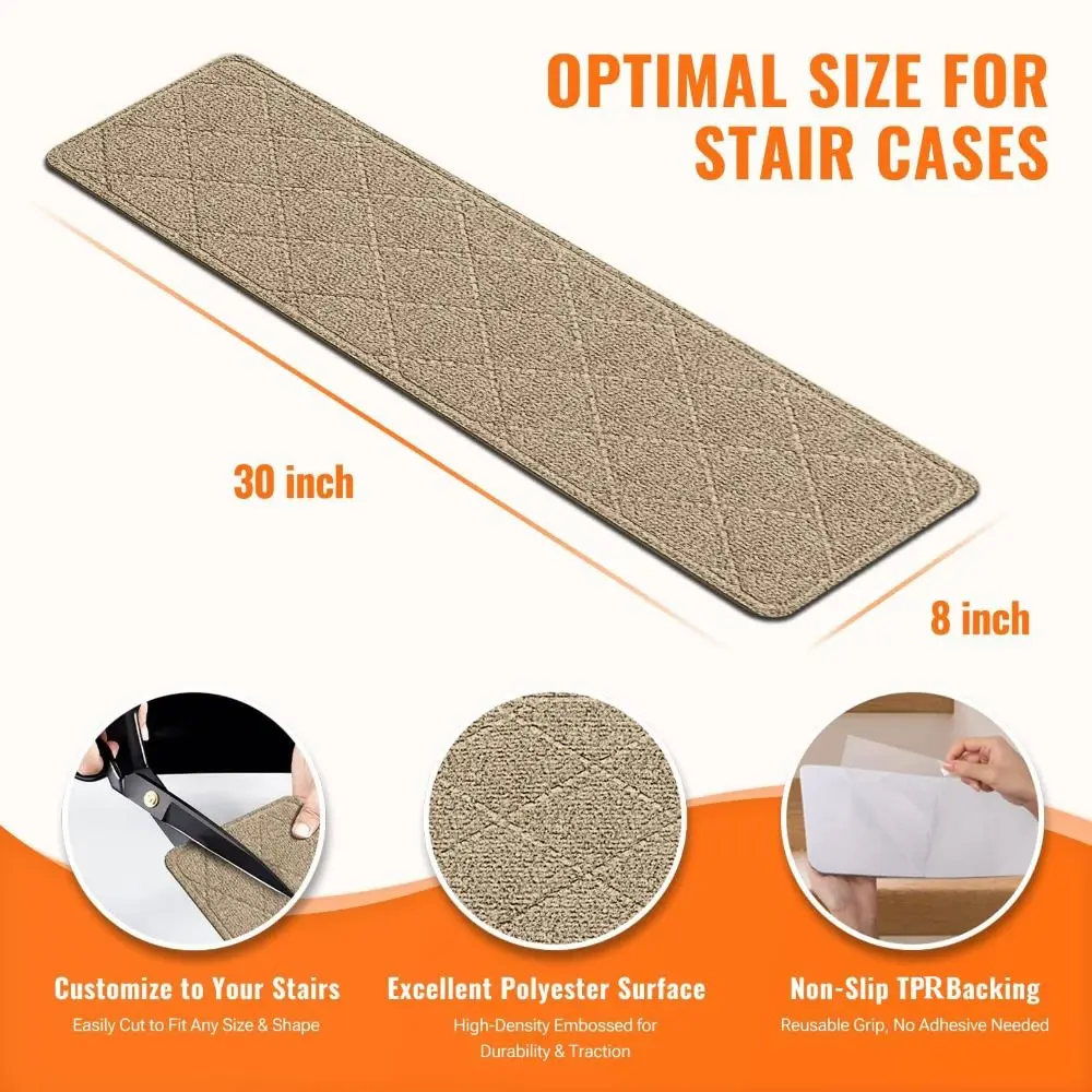 1pc Home Deco Non-Slip Stair Treads 8x30 Inch Washable Stair Mats Self-adhesive TPR Backing Carpet for Most Steps