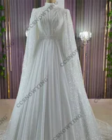 Chiffon Beaded Long Sleeve Muslim Wedding Dress for Bride Hijab Islamic Bridal Gowns High Neck Women Arabic Dubai Robe De Mariée 1
