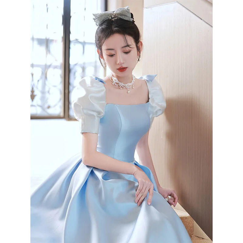 

Blue Satin Evening Dress Temperament Square Collar Puff Sleeve Bow Quinceanera Dresses Beaded Lace Up Backless Graduation Gown