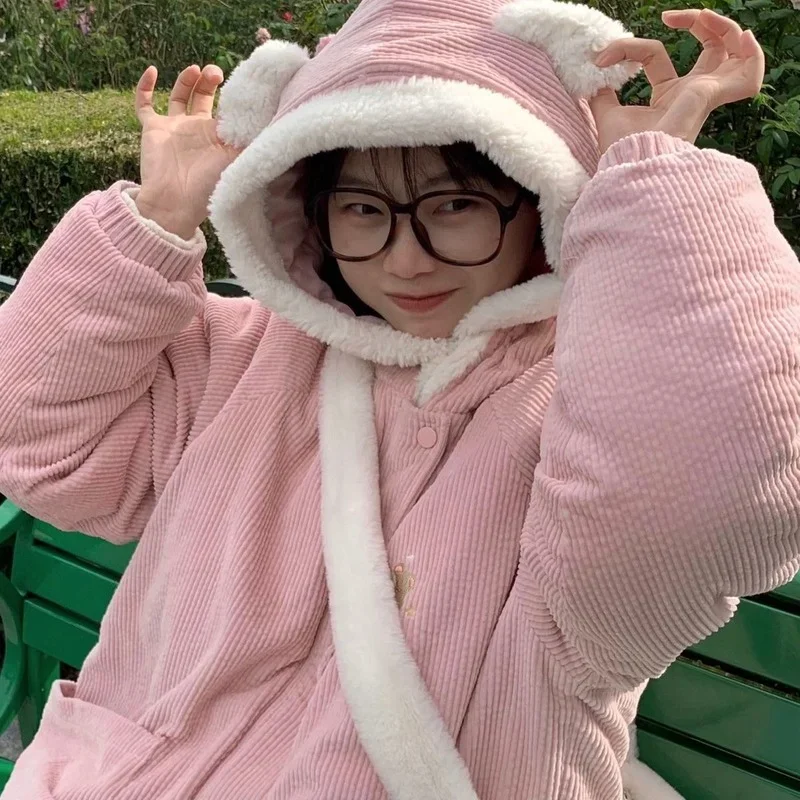  New Winter Cotton Jacket Women's Corduroy Jacket  New Thick Cute Embroidery Bear Snowman with Ears Hooded Cotton Jacket