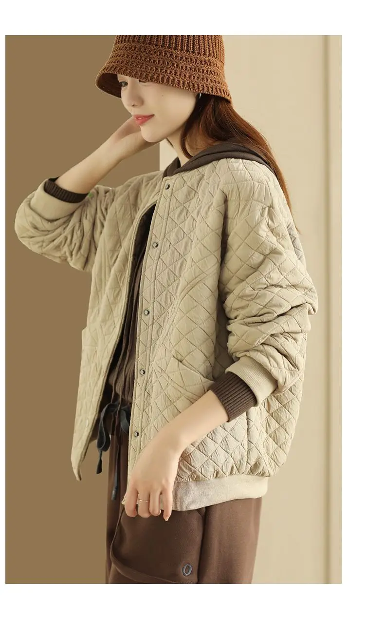 Diamond Plaid Thickened Jacket Women Threaded Cotton Round Neck Long Sleeve Baseball Jersey Loose Cardigan Solid Tops Warm