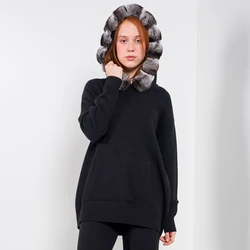 Knitted Sweater Women Real Fur Pullover Autumn Winter  Fashion Jumper Natural Rex Rabbit Fur Collar Warm Casual Hoodie