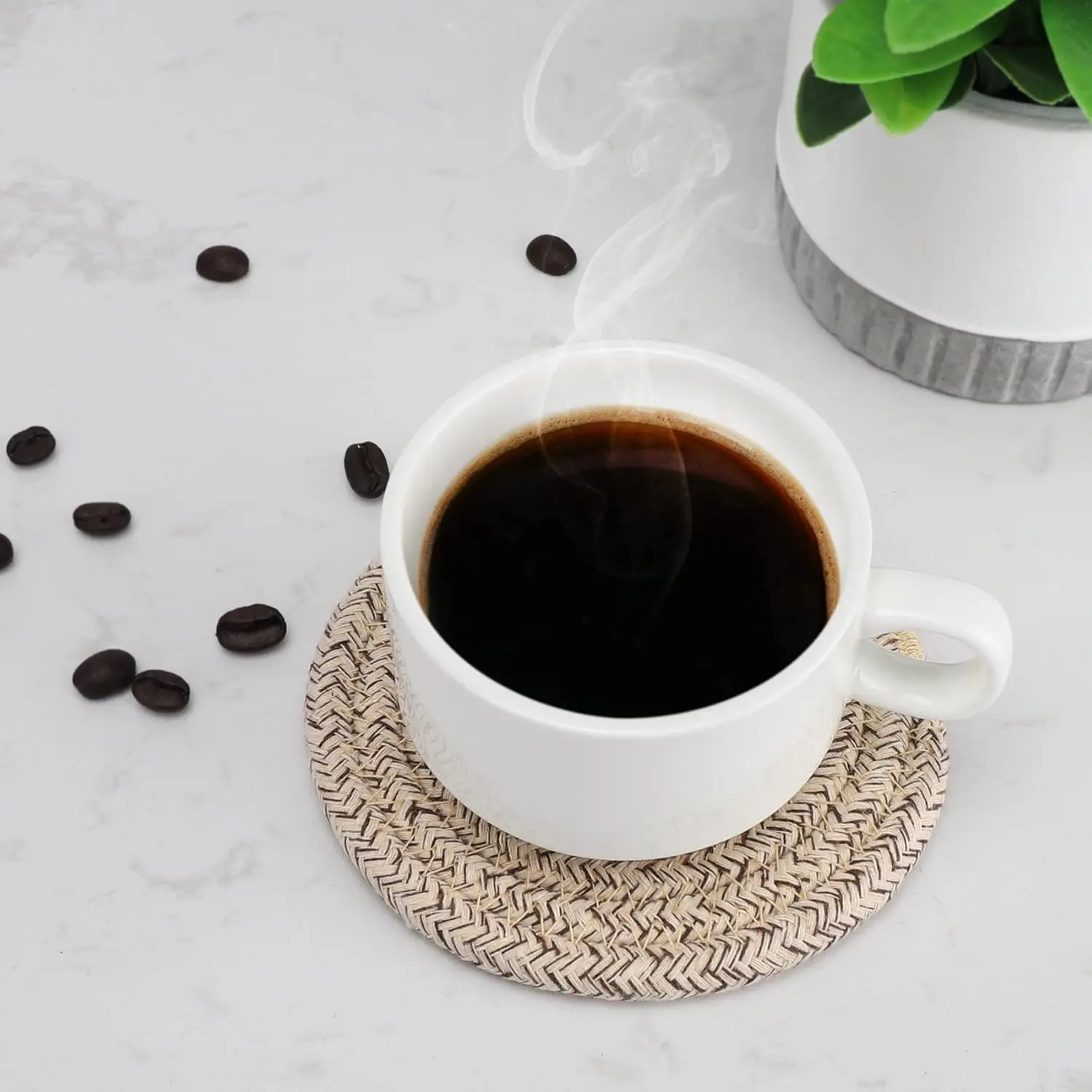 8 Pcs Drink Coasters with Holder, Cotton Woven Absorbent Coasters for Drinks, Minimalist Home Decor Coaster Set for Wooden