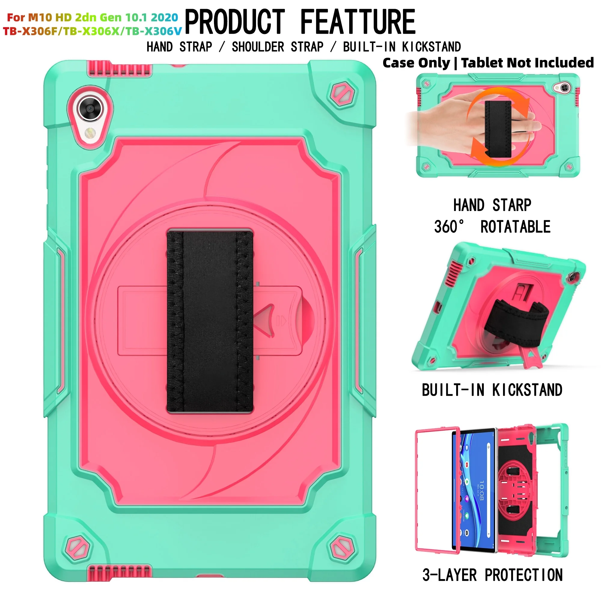 Heavy Duty Shockproof Tablet Case with 360° Rotatable Kickstand, Hand Strap, and Shoulder Strap