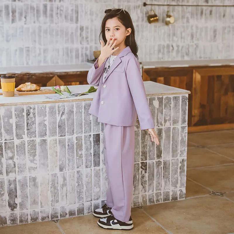 Suit for Girls Violet Casual Blazer Jacket and Pants Two Pieces