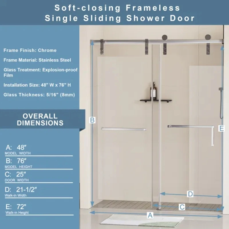 48 in. W X 76 in. H Frameless Shower Door Single Sliding Shower Door  5/16" (8mm) Clear Tempered Glass Shower Door with Exp 2
