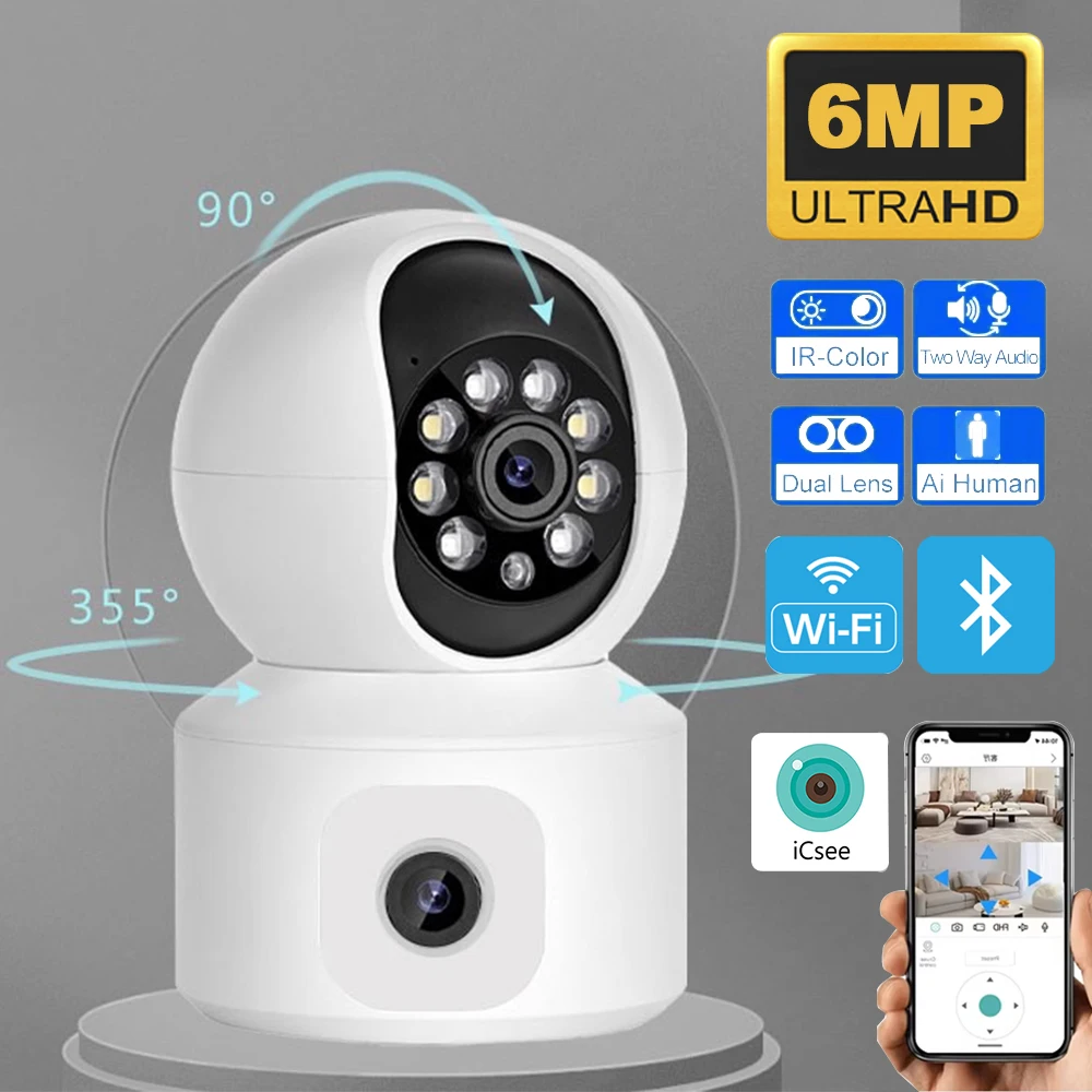 Caméra IP WiFi iCsee 6MP à double objectif et double écran, PTZ, suivi automatique, caméra de sécurité domestique, moniteur bébé, caméra de surveillance vidéo CCTV 1 Caméra IP WiFi iCsee 6MP à double objectif et double écran, PTZ, suivi automatique, caméra de sécurité domestique, moniteur bébé, caméra de surveillance vidéo CCTV 1