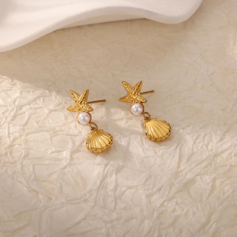 Pearl Starfish Shell Dangle Earrings Gold Color Stainless Steel Boho Jewelry