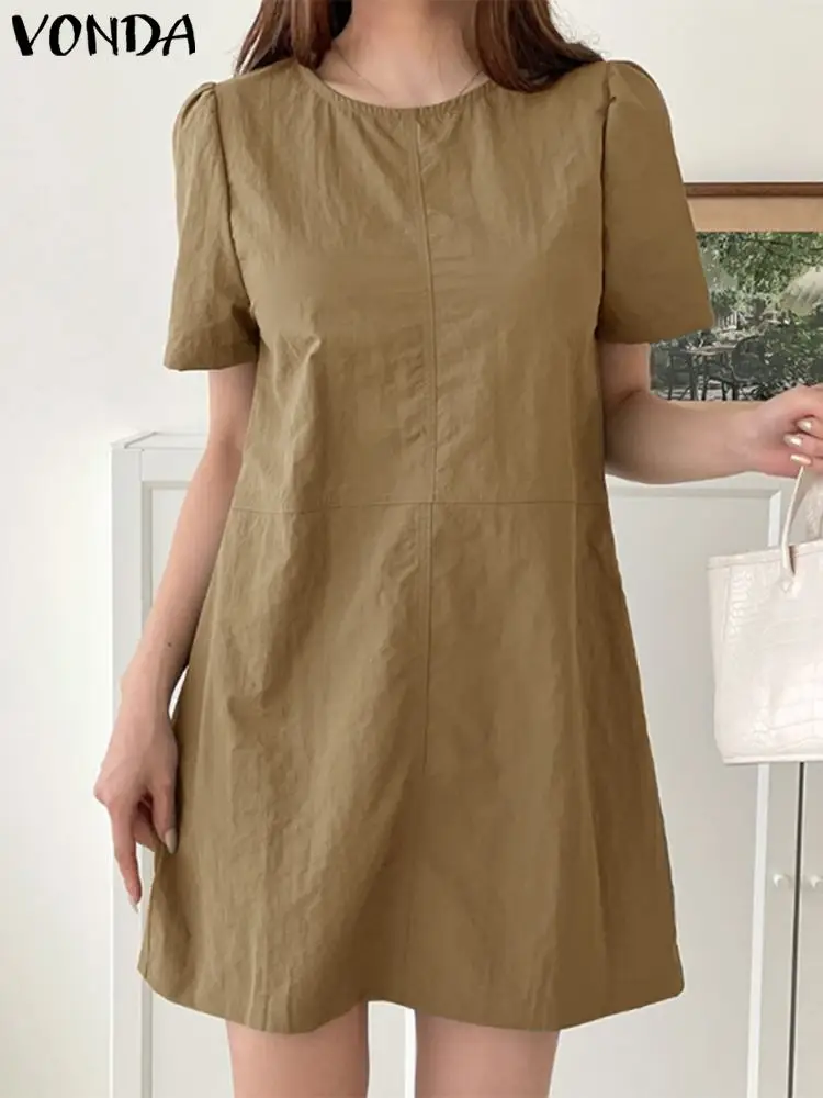 

VONDA Summer Mini Dress 2024 Women Sundress Short Puff Sleeve Sexy Casual Loose Solid Color Fashion Beach Vestidos Oversized