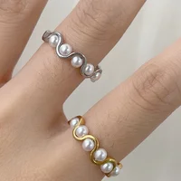 High End PVD fashion Opening Wave Pearl Rings Stainless Steel Gold Silver Color Adjustable For Women Metal Jewelry 2