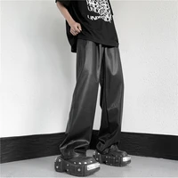 Men's Spring and Autumn Straight Pants Simple Elastic Waist Mop Wide Leg Pu Leather Pants 2