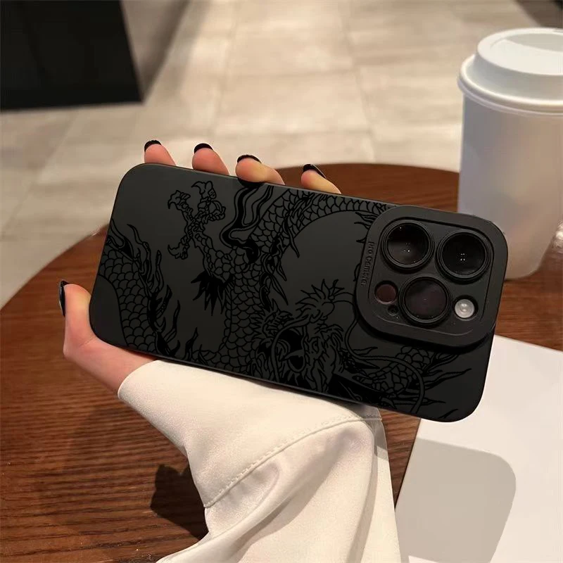 Elegant Matte Black Chinese Dragon Silicone Phone Case - Shockproof and Soft Cover