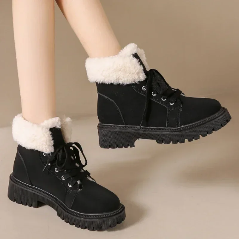 

Fashion Women's Shoes Lace Up Women's Boots Winter Round Toe Solid Flock Plush Warm Short Barrel Chunky Heels Naked Boots