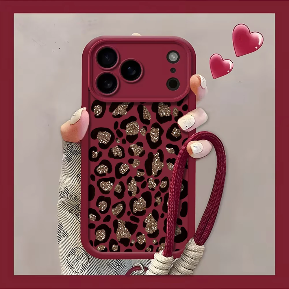 Leopard Print Wrist Strap Phone Case with Lanyard - Soft Cover