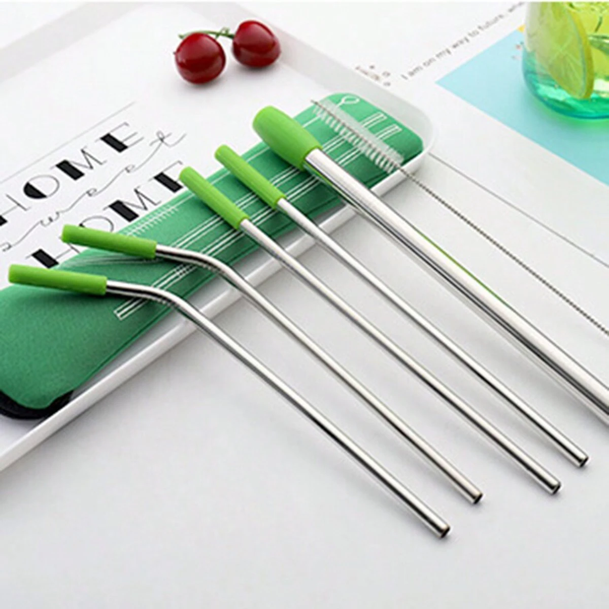 7pcs, Straw, Stainless Steel Reusable Straws With Silicone Straw Tip,Tea Straws, Travel, Beach, Party Supplies