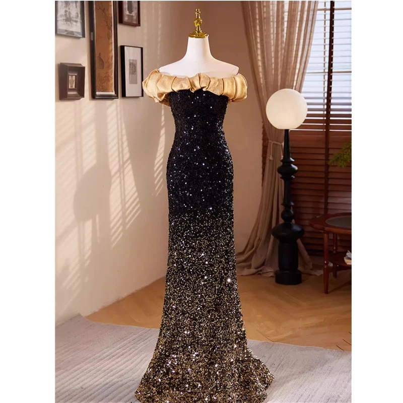 

Bespok Occasion Dress Sequins Gradient Black Khaki Sequins Off the Shoulder Lace up Mermaid Floor-length Plus size Evening Gown