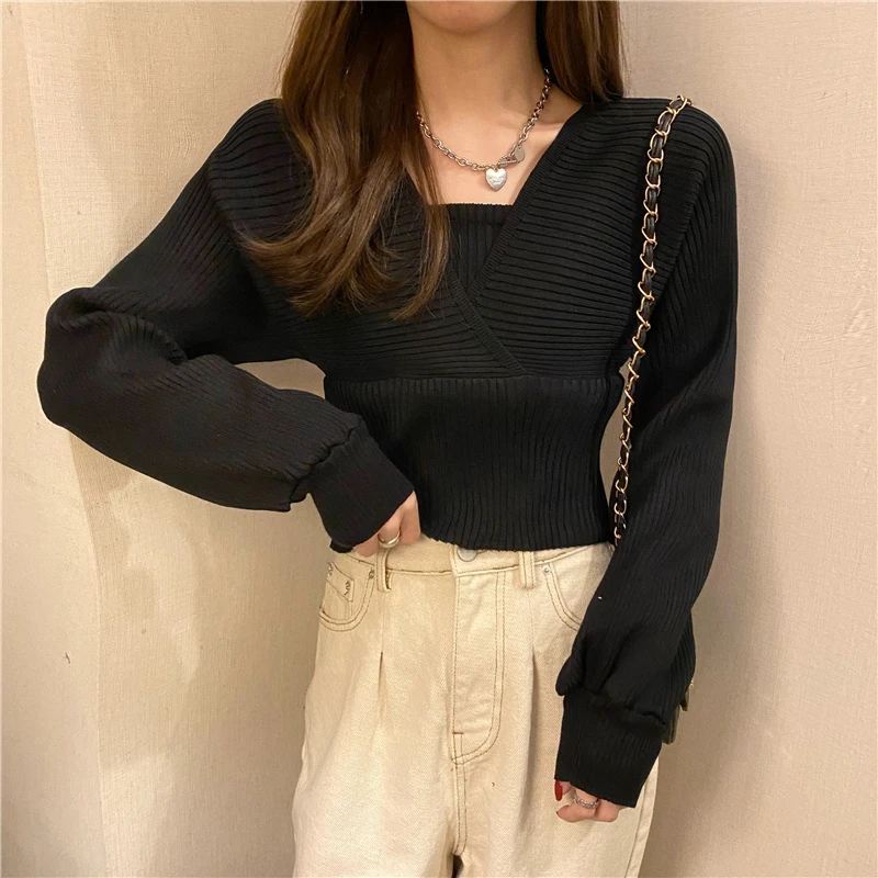 turtleneck Lucyever 2021 Spring New Fake Two Piece Lantern Sleeve Sweater Women Sexy Off Shoulder Knit Pullover Female Slim Crop Sweaters cardigan for women