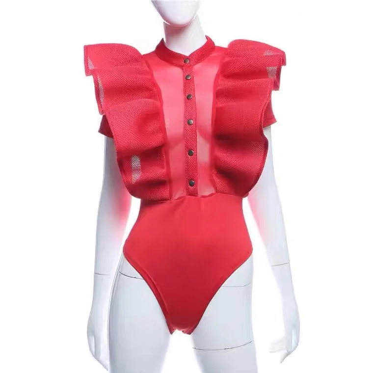Air Europe Explosion Fly Sleeve Gauze Stitching Leotard Singer Dj Costumes For Women Red Ds Costume