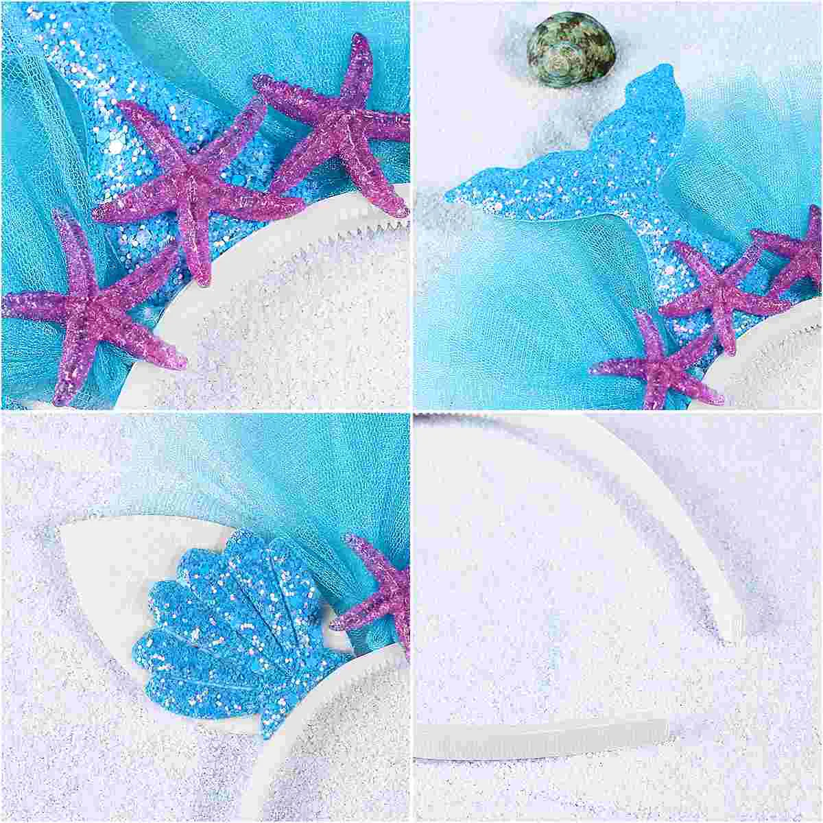 

4PCS Glitter Mermaid Hair Bands Adorable Mesh Hair Headdress Party Supplies Decorations for Kids Children Adults (Blue,