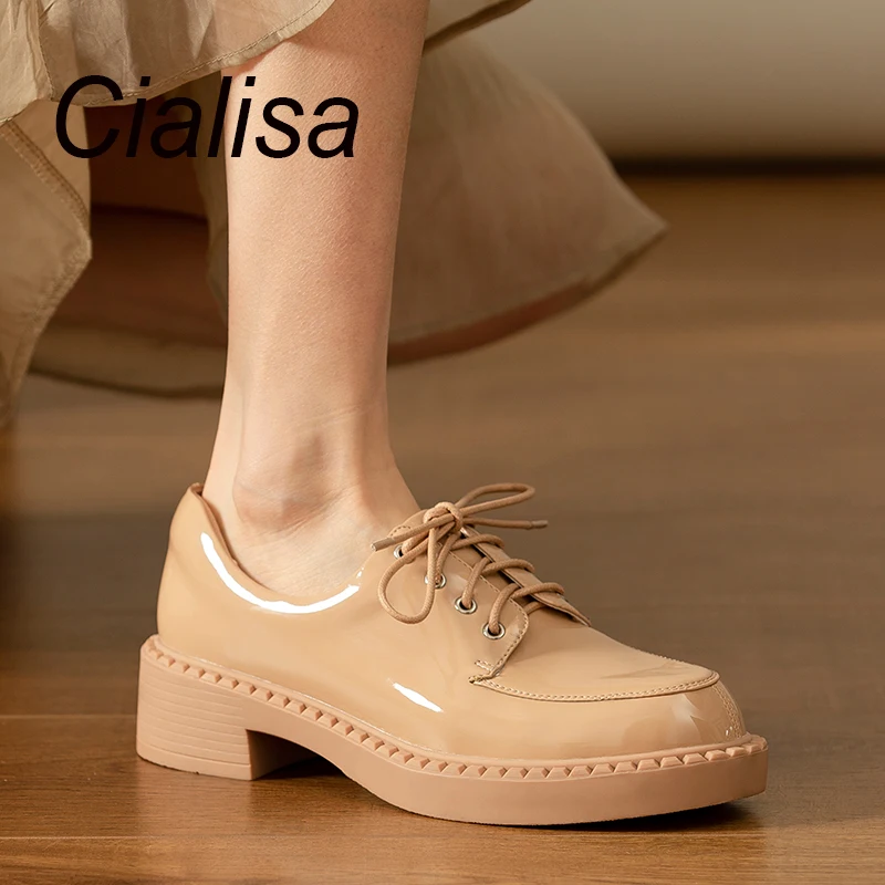 

Cialisa Patent Sheepskin Shoes Round Toe Chunky Heels Casual Loafers Thick Platform Handmade Daily Ladies Footwear 34-39 Black