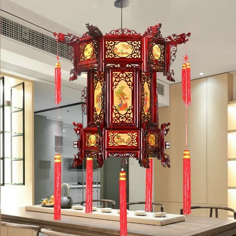Chinese Hexagonal Solid Wood Palace Lamp for The Temple Hall