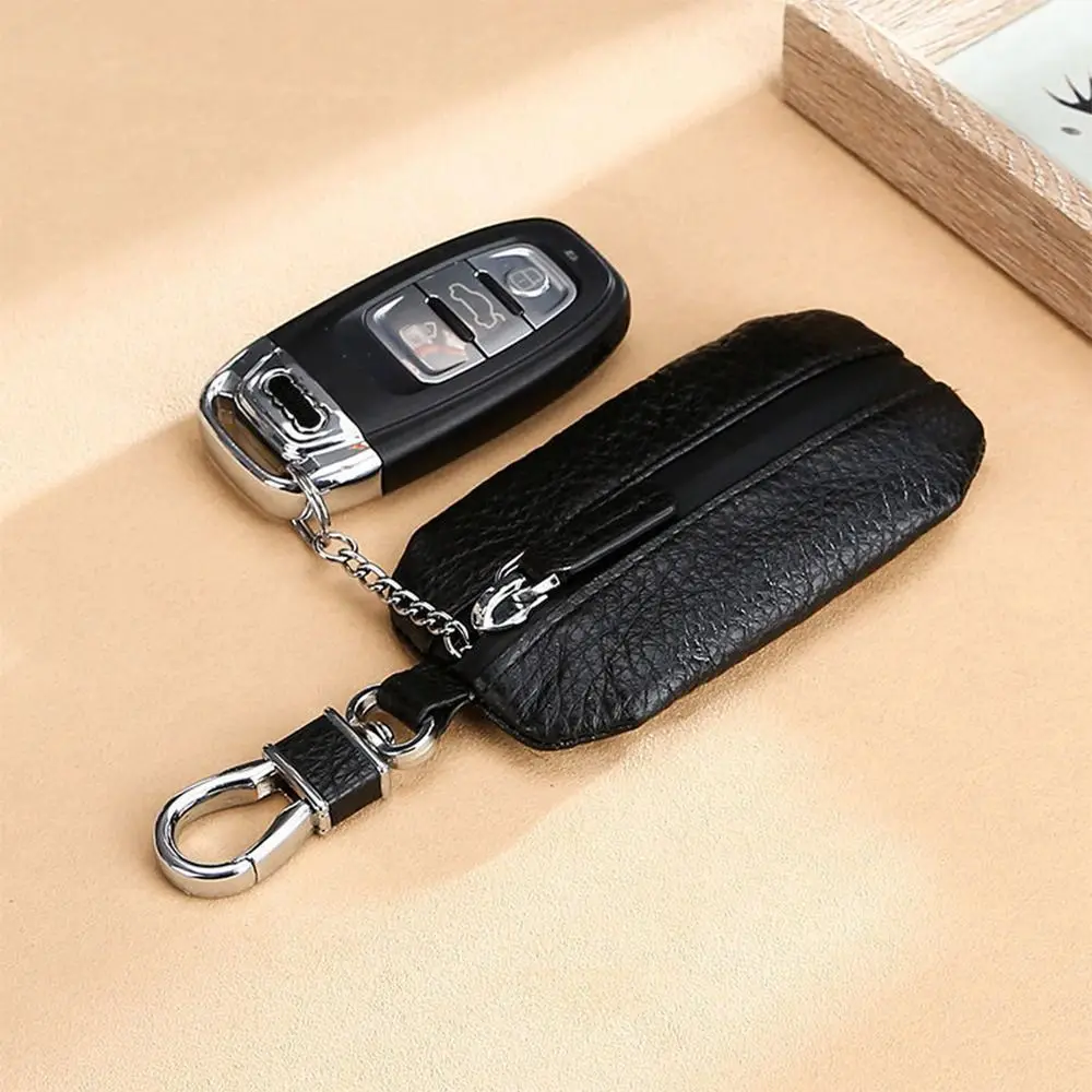 Elegant Genuine Leather Car Key Bag - Waterproof Zipper, Durable Soft Pouch