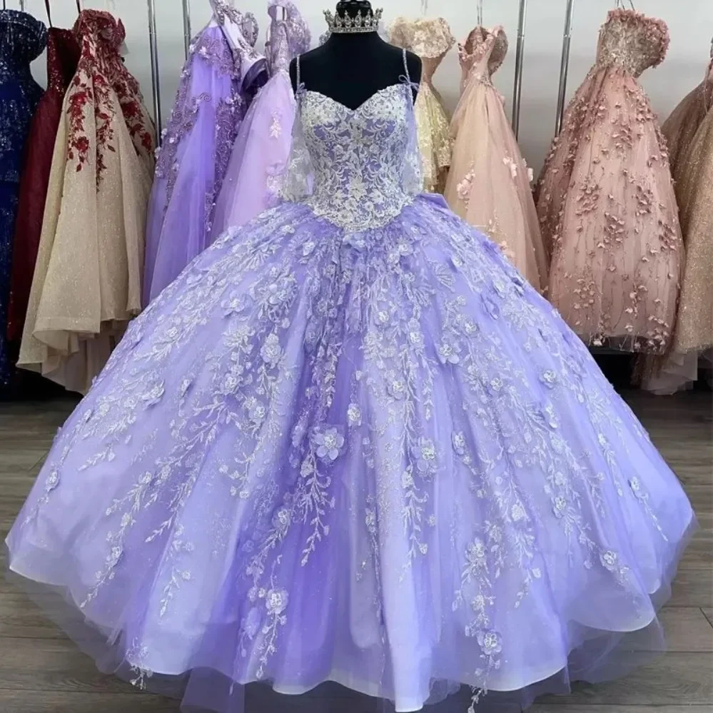 

Iridescent Glitter Lilac Ball Gown Spaghetti Strap Quinceanera Dress with Bow Sequins Sweet 15 Prom vestidos 3D Flower Junior