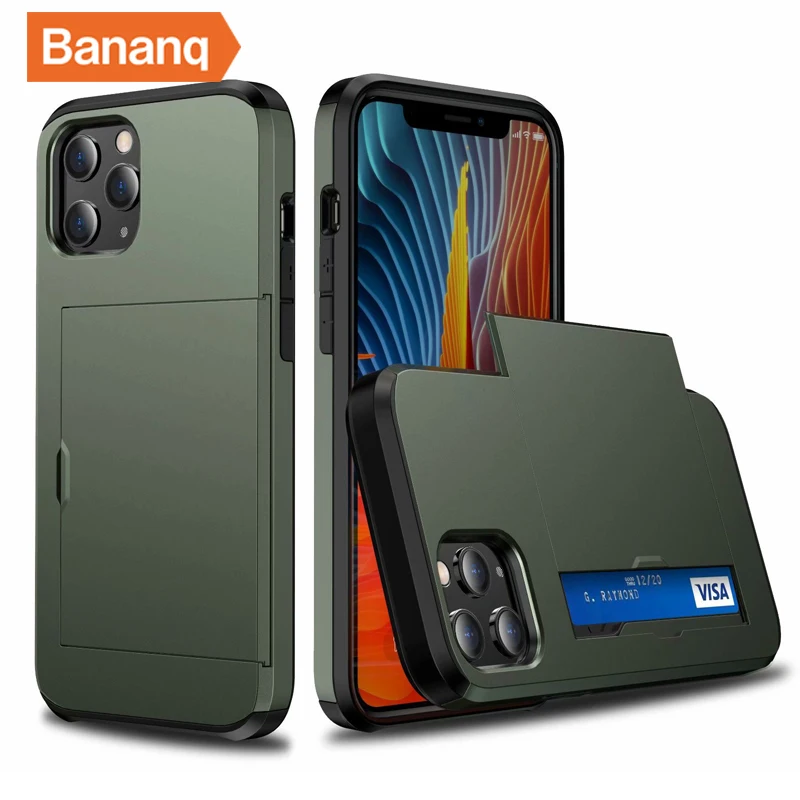thumbnail image 1 of Bananq - Funda para teléfono con ranura para tarjetas deslizante para iPhone 16, 15, 14 Plus, 13, 12 Mini, 11 Pro Max, a prueba de golpes, tipo billetera y tarjetero, 1 of 5