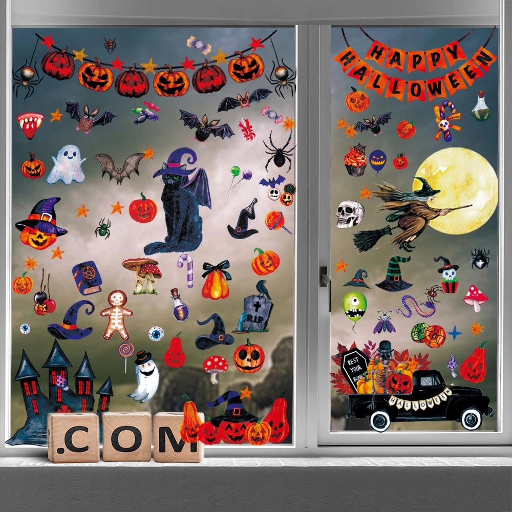 Halloween-Fensteraufkleber, abnehmbar, Fledermaus, Geist, Kürbis, Horror-Requisiten, Spukhaus, Halloween-Party-Dekoration für Zuhause – Detail 7