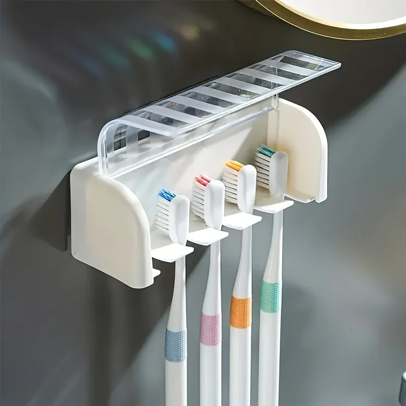 Wall-Mounted Toothbrush Holder 5-slot Hygiene Lid Space-saving Storage Busy Bathrooms Durable Attractive